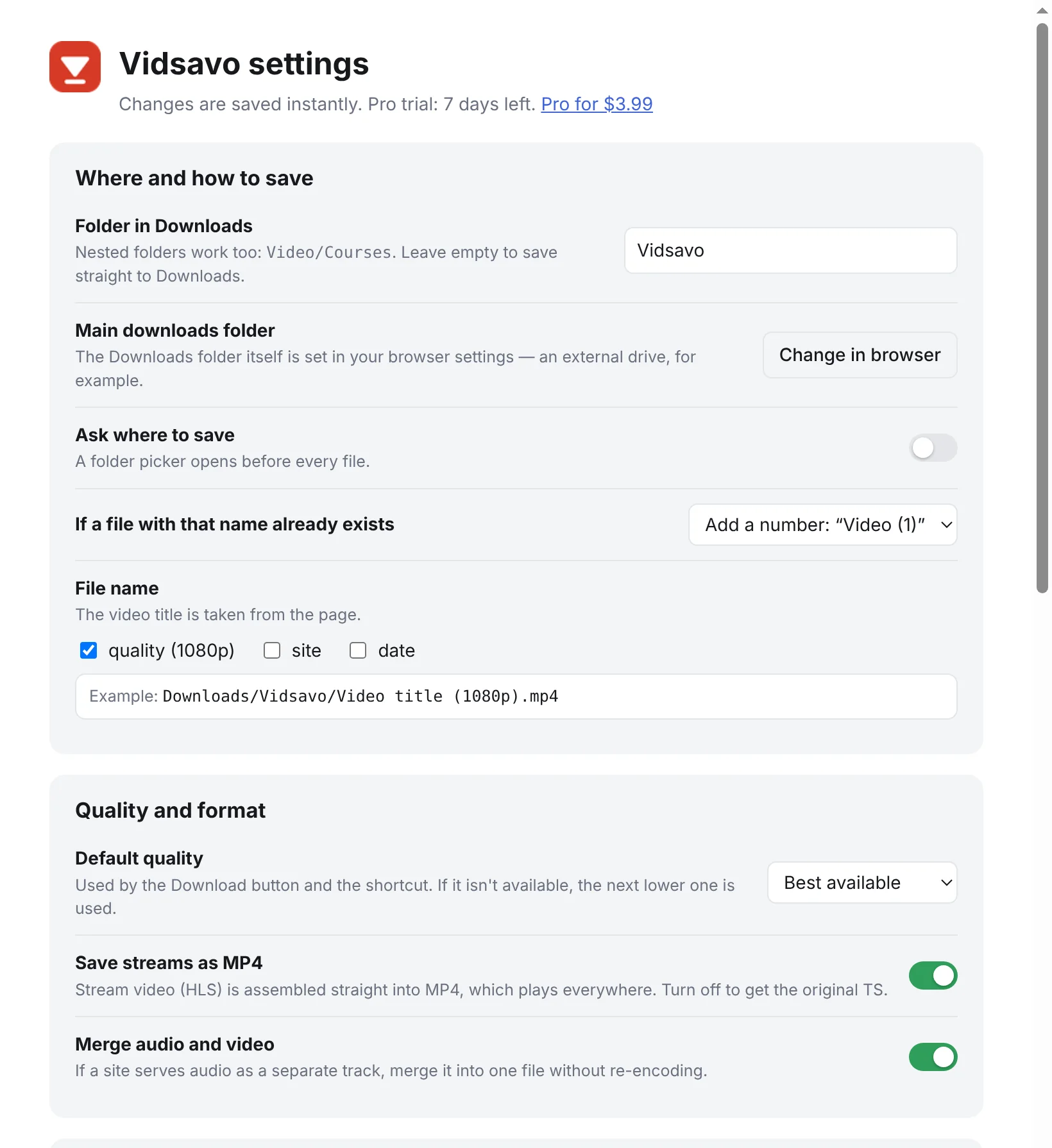 Settings: folder, file name, quality, live streams, the video button